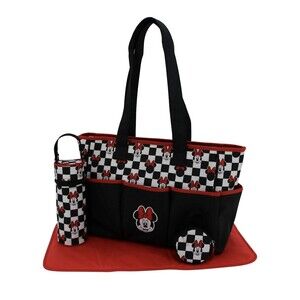 Disney Baby Minnie Mouse Diaper Bag Tote Gift Set Black Red Classic Print NWT